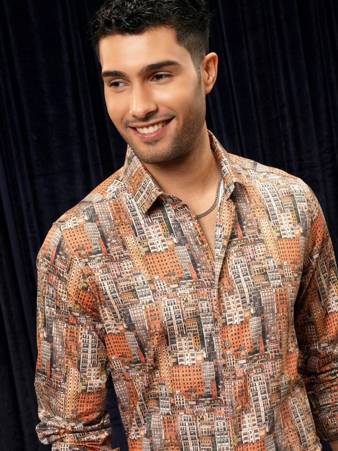 Locomotive Premium Men Orange Printed Slim Fit Casual Shirt - Orange - Image 1