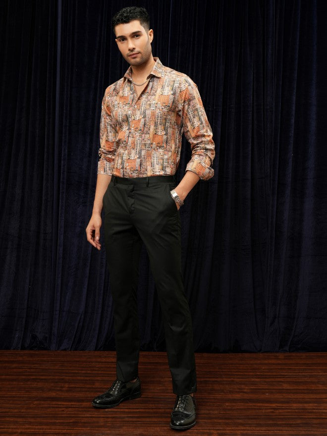 Locomotive Premium Men Orange Printed Slim Fit Casual Shirt - Orange - Image 2