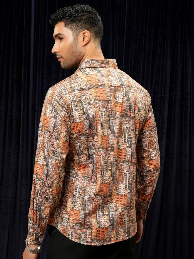 Locomotive Premium Men Orange Printed Slim Fit Casual Shirt - Orange - Image 3