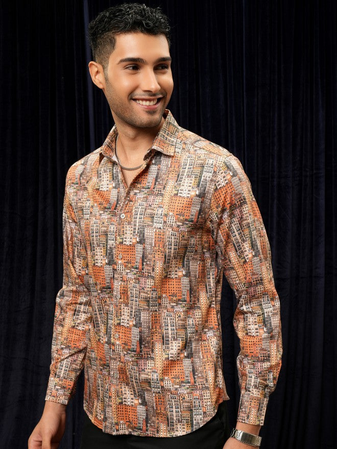 Locomotive Premium Men Orange Printed Slim Fit Casual Shirt - Orange - Image 4