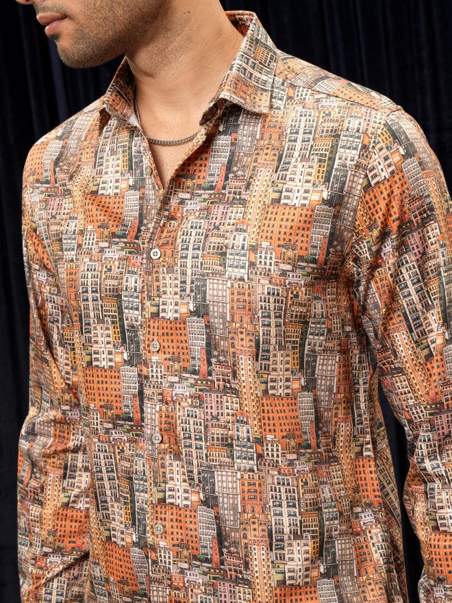 Locomotive Premium Men Orange Printed Slim Fit Casual Shirt - Orange - Image 5