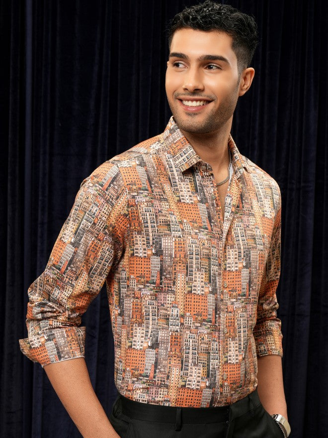 Locomotive Premium Men Orange Printed Slim Fit Casual Shirt - Orange - Image 6