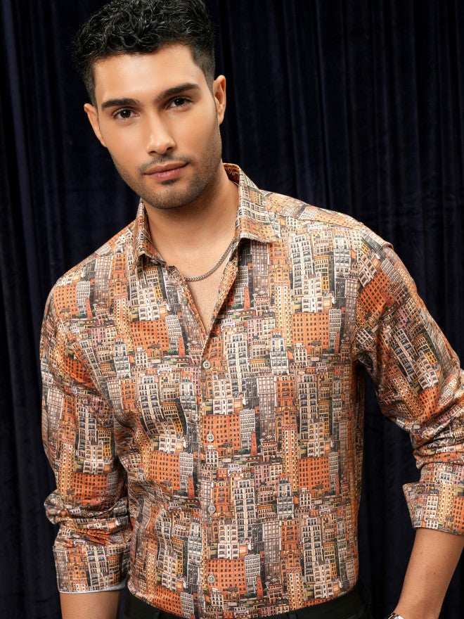 Locomotive Premium Men Orange Printed Slim Fit Casual Shirt - Orange - Image 7
