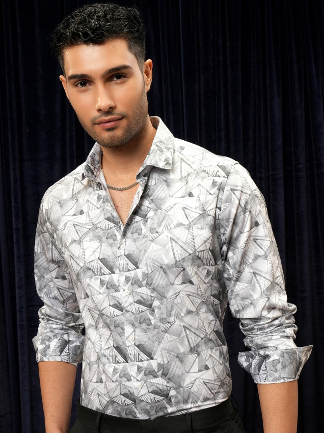 Locomotive Premium Men Grey Printed Slim Fit Casual Shirt - Grey - Image 1