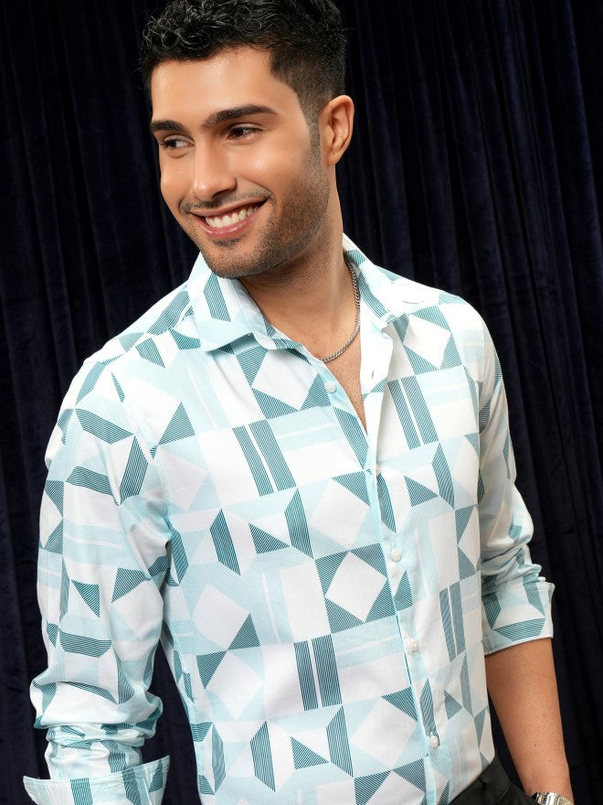 Locomotive Premium Men Teal Printed Slim Fit Casual Shirt - Teal - Image 1