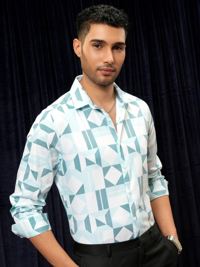 Locomotive Premium Men Teal Printed Slim Fit Casual Shirt - Teal - Image 6