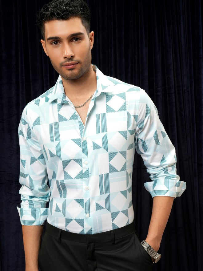 Locomotive Premium Men Teal Printed Slim Fit Casual Shirt - Teal - Image 7