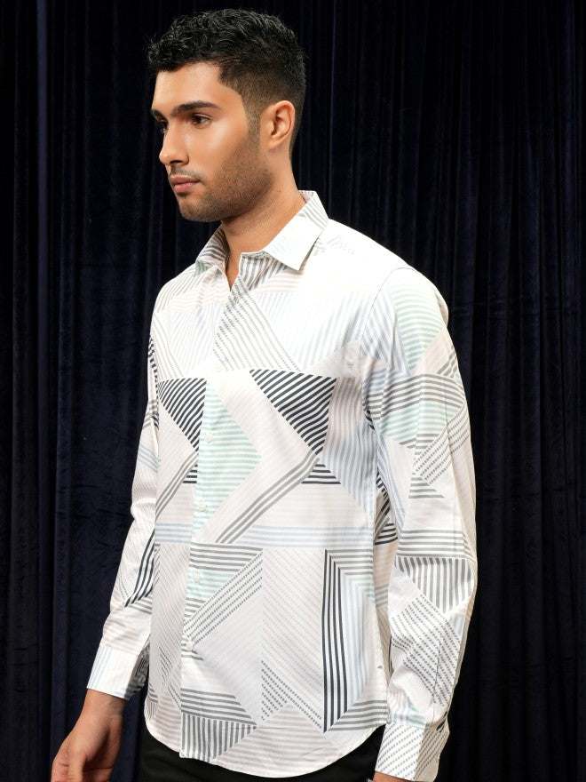 Locomotive Premium Men White Printed Slim Fit Casual Shirt - White - Image 4