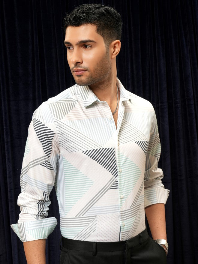 Locomotive Premium Men White Printed Slim Fit Casual Shirt - White - Image 6