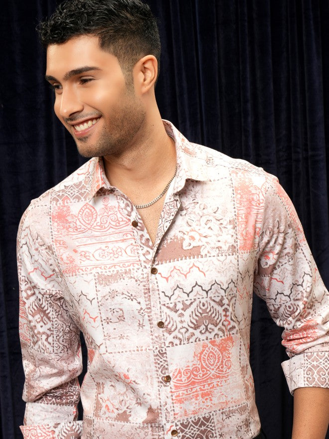 Locomotive Premium Men Pink Printed Slim Fit Casual Shirt - Pink - Image 1