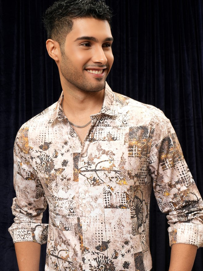 Locomotive Premium Men Peach Printed Slim Fit Casual Shirt - Beige - Image 1