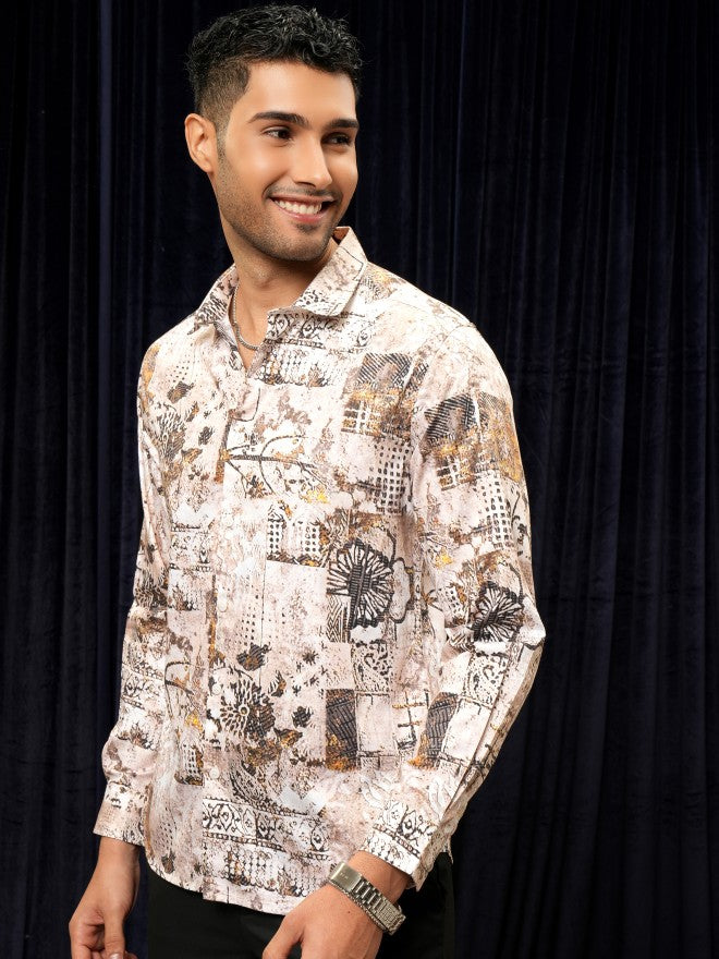 Locomotive Premium Men Peach Printed Slim Fit Casual Shirt - Beige - Image 4
