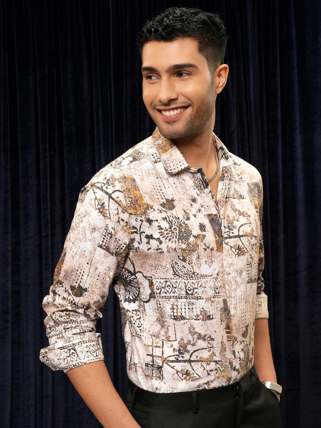 Locomotive Premium Men Peach Printed Slim Fit Casual Shirt - Beige - Image 6