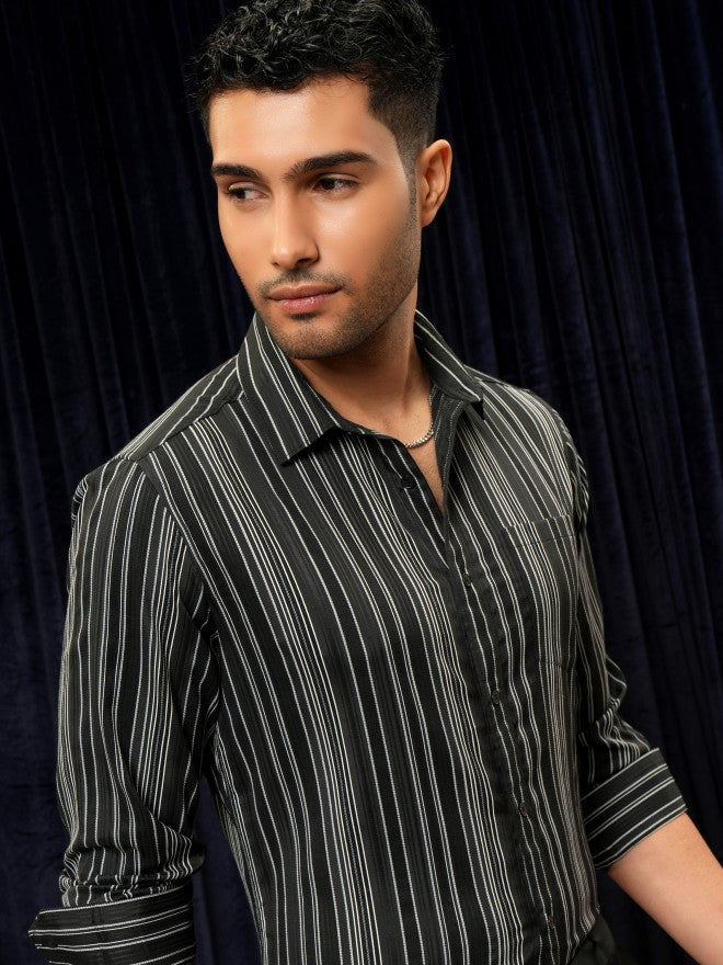Locomotive Premium Men Black Striped Slim Fit Casual Shirt - Black - Image 1
