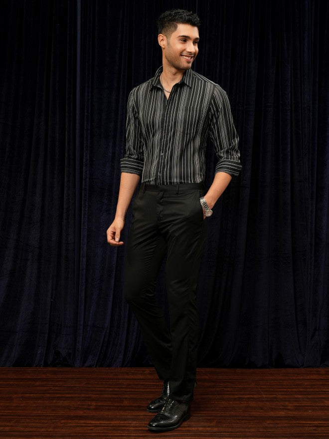 Locomotive Premium Men Black Striped Slim Fit Casual Shirt - Black - Image 2