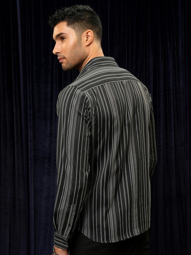 Locomotive Premium Men Black Striped Slim Fit Casual Shirt - Black - Image 3