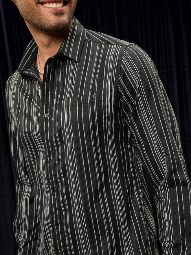 Locomotive Premium Men Black Striped Slim Fit Casual Shirt - Black - Image 5
