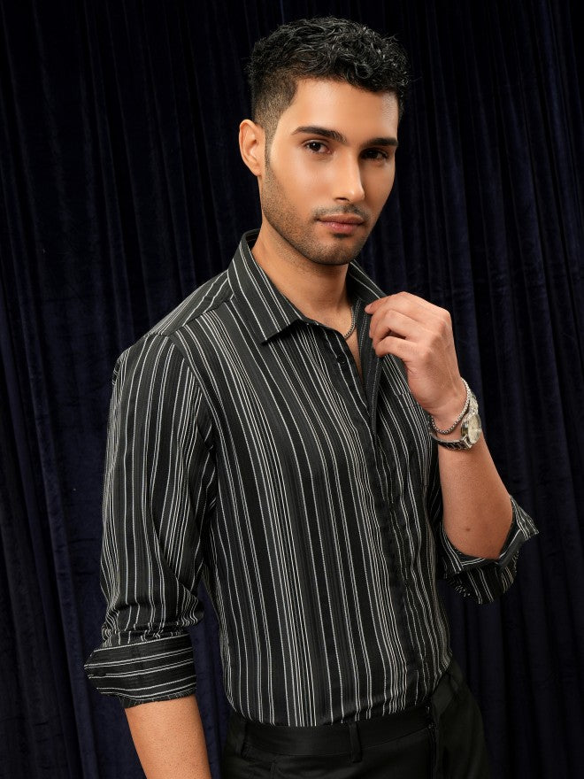 Locomotive Premium Men Black Striped Slim Fit Casual Shirt - Black - Image 6