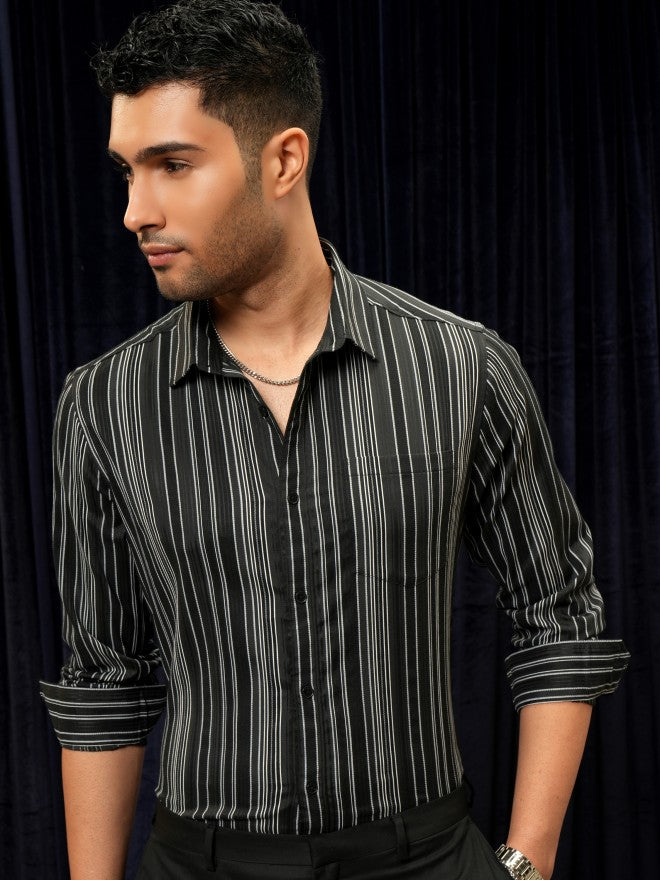 Locomotive Premium Men Black Striped Slim Fit Casual Shirt - Black - Image 7
