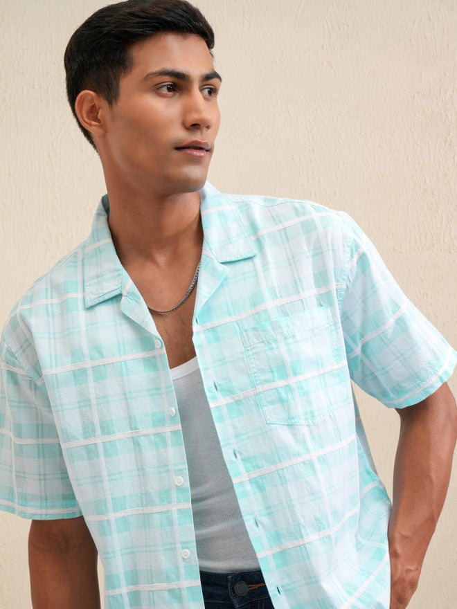 Locomotive Men Blue Checked Relaxed Fit Casual Shirt - Blue - Image 1
