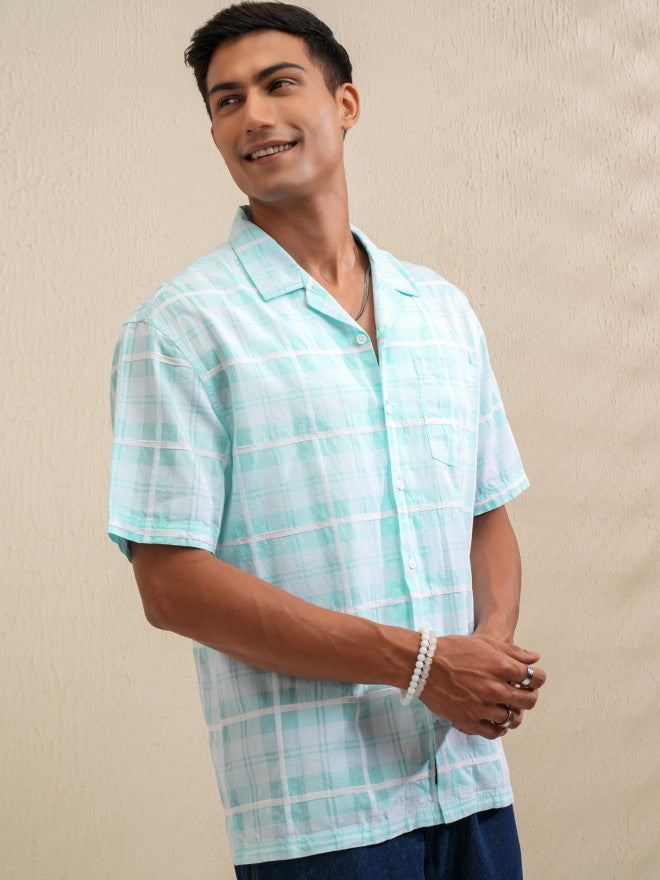 Locomotive Men Blue Checked Relaxed Fit Casual Shirt - Blue - Image 6