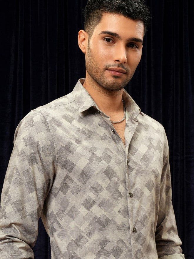 Locomotive Premium Men Beige Printed Slim Fit Casual Shirt - Beige - Image 1