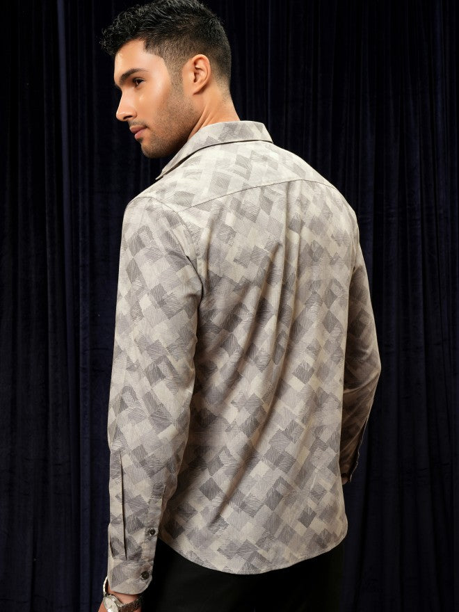 Locomotive Premium Men Beige Printed Slim Fit Casual Shirt - Beige - Image 3