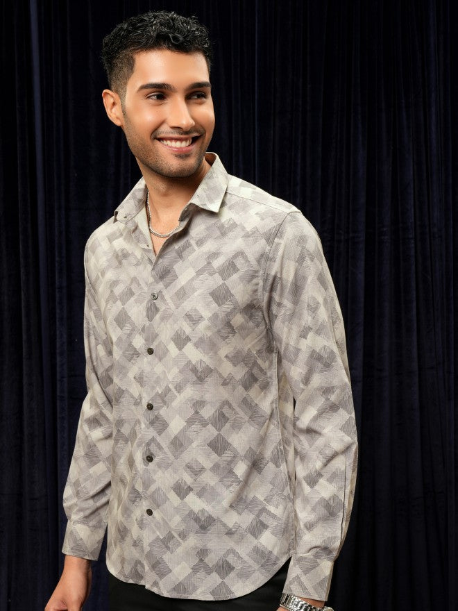 Locomotive Premium Men Beige Printed Slim Fit Casual Shirt - Beige - Image 4