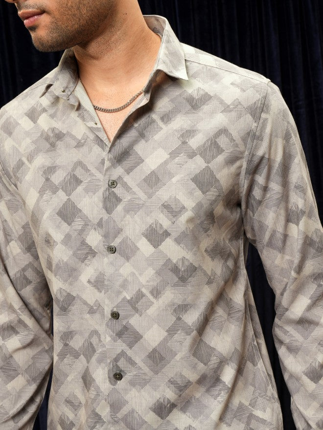 Locomotive Premium Men Beige Printed Slim Fit Casual Shirt - Beige - Image 5