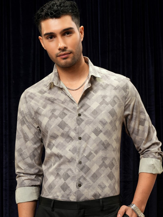 Locomotive Premium Men Beige Printed Slim Fit Casual Shirt - Beige - Image 7