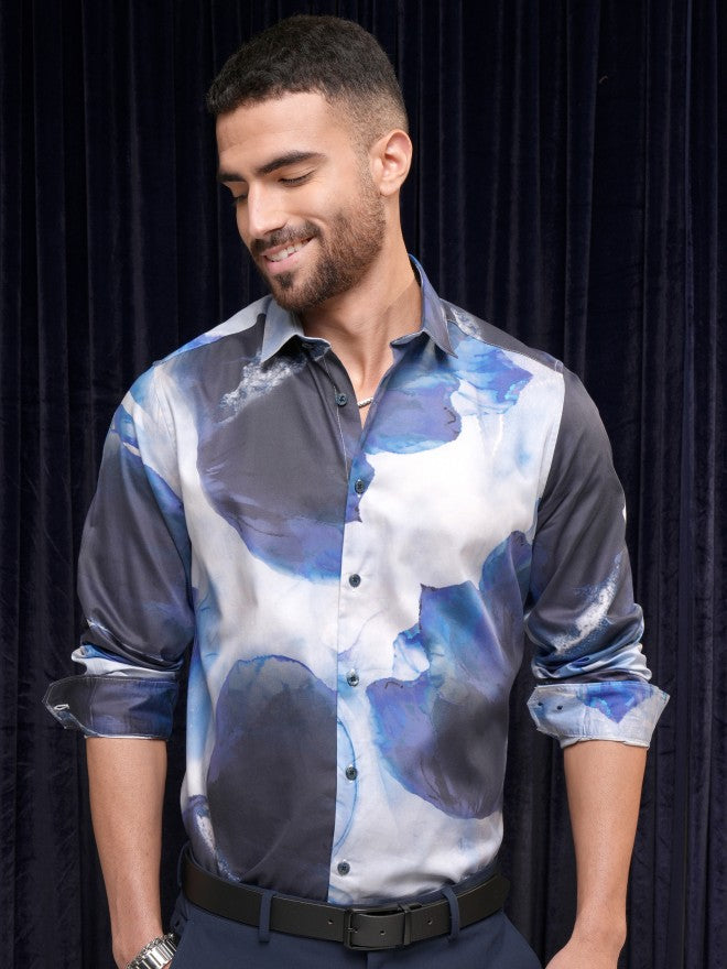 Locomotive Premium Men Blue Printed Slim Fit Casual Shirt - Blue - Image 4