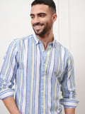Locomotive Premium Men Green Striped Regular Fit Casual Shirt - Blue - Image 1