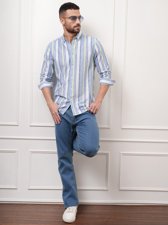Locomotive Premium Men Green Striped Regular Fit Casual Shirt - Blue - Image 2