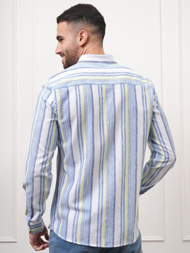 Locomotive Premium Men Green Striped Regular Fit Casual Shirt - Blue - Image 3