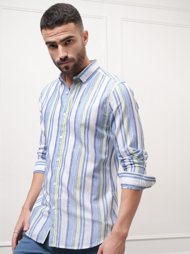 Locomotive Premium Men Green Striped Regular Fit Casual Shirt - Blue - Image 4