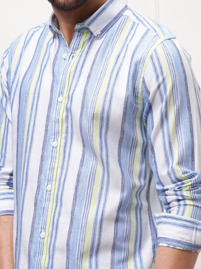 Locomotive Premium Men Green Striped Regular Fit Casual Shirt - Blue - Image 5