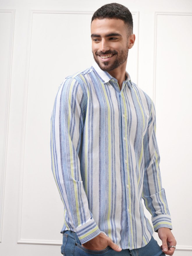 Locomotive Premium Men Green Striped Regular Fit Casual Shirt - Blue - Image 6