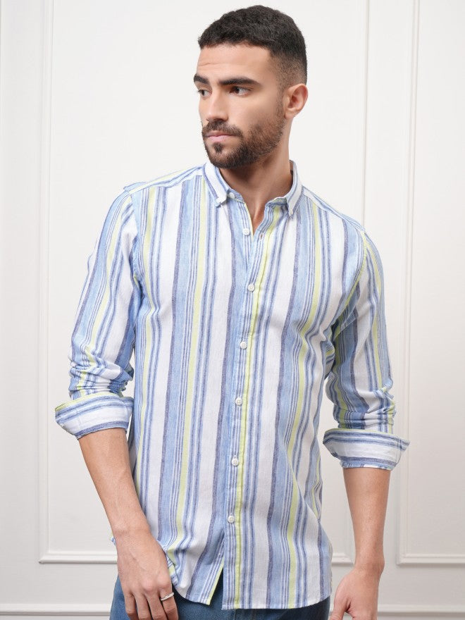 Locomotive Premium Men Green Striped Regular Fit Casual Shirt - Blue - Image 7