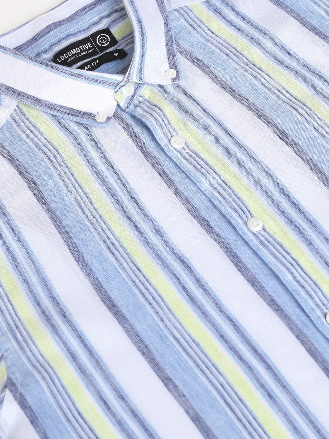 Locomotive Premium Men Green Striped Regular Fit Casual Shirt - Blue - Image 8