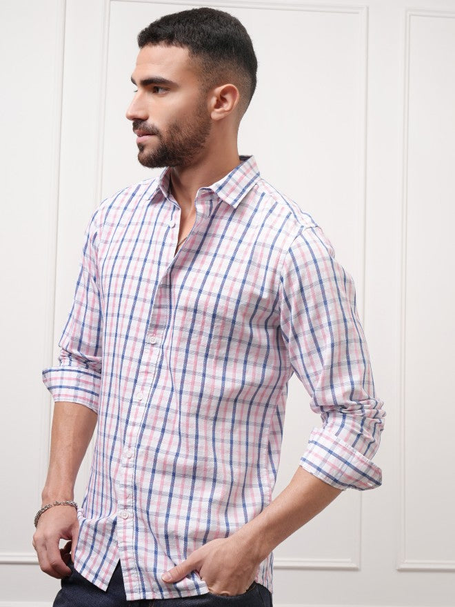 Locomotive Premium Men White Checked Regular Fit Casual Shirt - White - Image 4