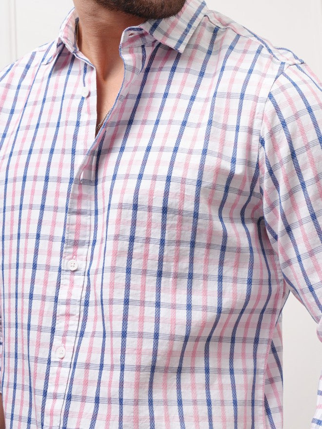 Locomotive Premium Men White Checked Regular Fit Casual Shirt - White - Image 5