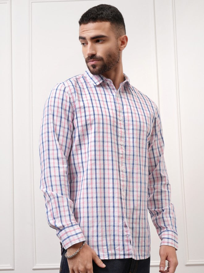 Locomotive Premium Men White Checked Regular Fit Casual Shirt - White - Image 6