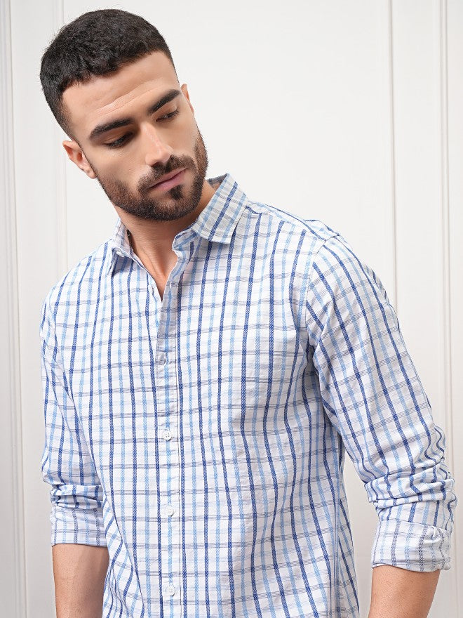 Locomotive Premium Men White Checked Regular Fit Casual Shirt - White - Image 1