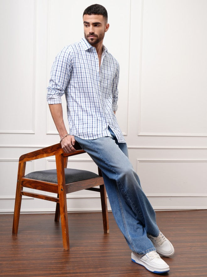 Locomotive Premium Men White Checked Regular Fit Casual Shirt - White - Image 2