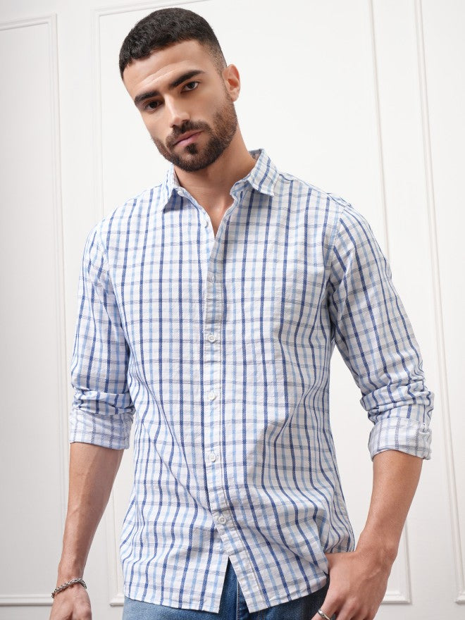 Locomotive Premium Men White Checked Regular Fit Casual Shirt - White - Image 4