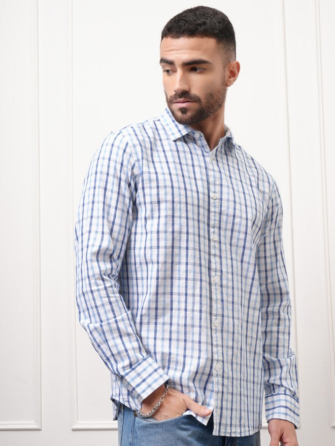 Locomotive Premium Men White Checked Regular Fit Casual Shirt - White - Image 6