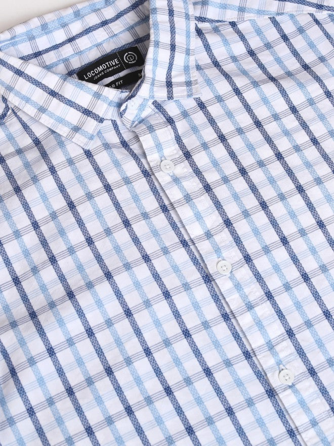 Locomotive Premium Men White Checked Regular Fit Casual Shirt - White - Image 7