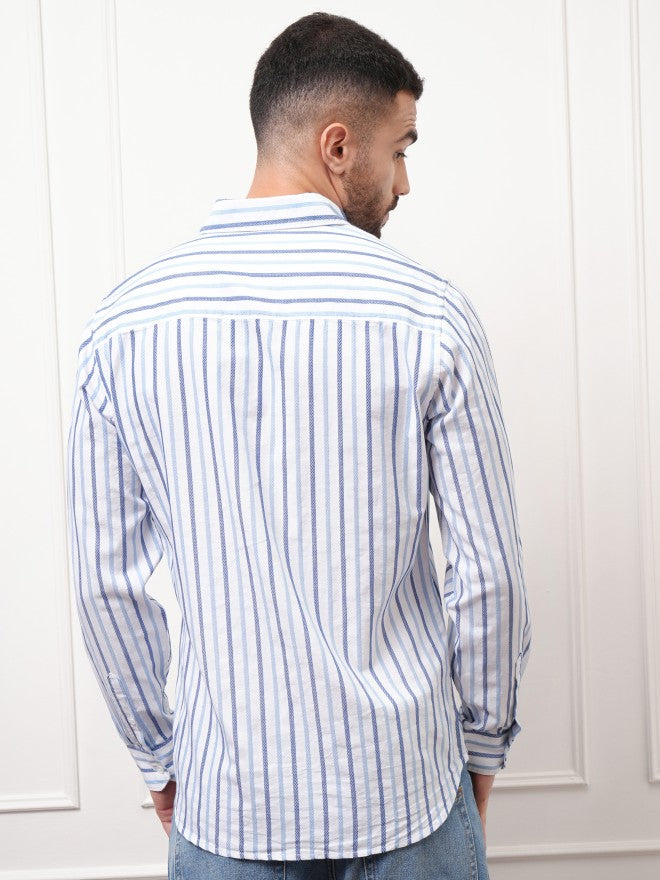 Locomotive Premium Men White Striped Regular Fit Casual Shirt - White - Image 3