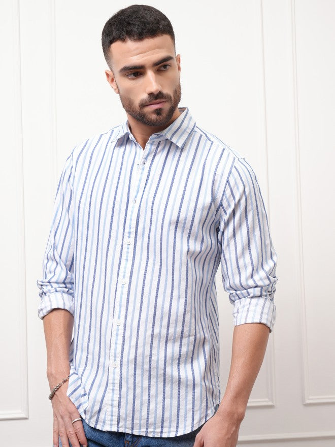 Locomotive Premium Men White Striped Regular Fit Casual Shirt - White - Image 4