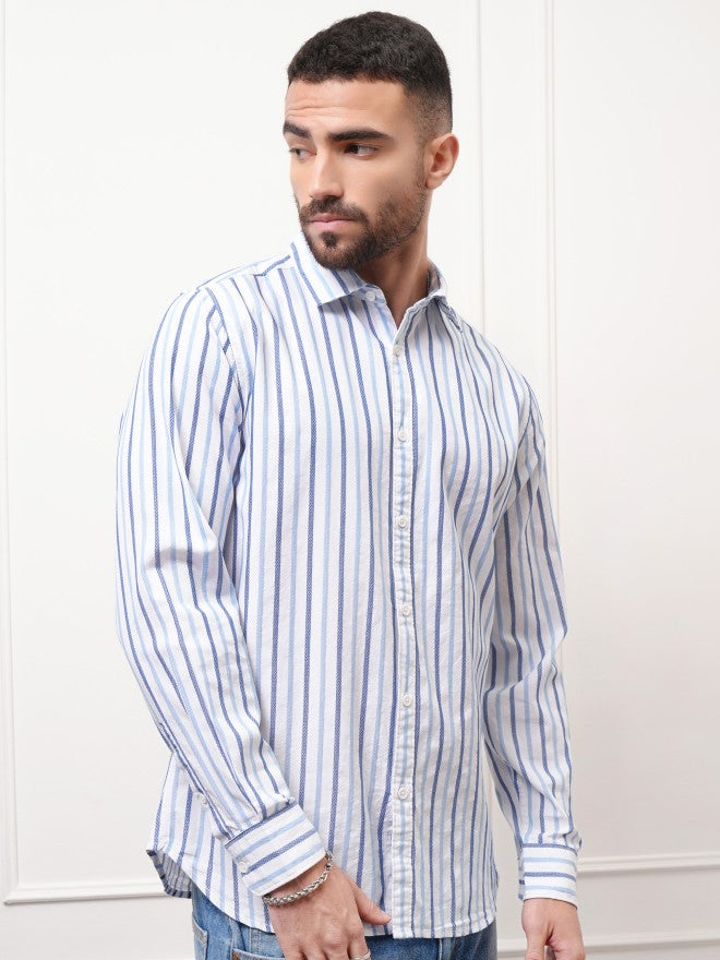Locomotive Premium Men White Striped Regular Fit Casual Shirt - White - Image 6
